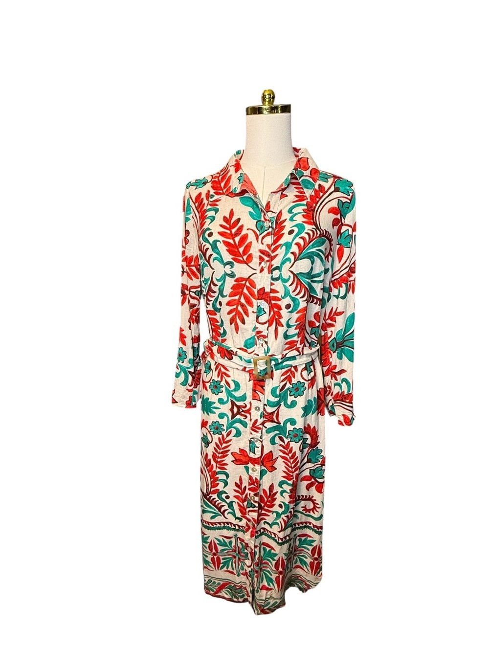 fig and flower White Dress Red & Teal Floral Print Linen Blend Belted Dress Sz M